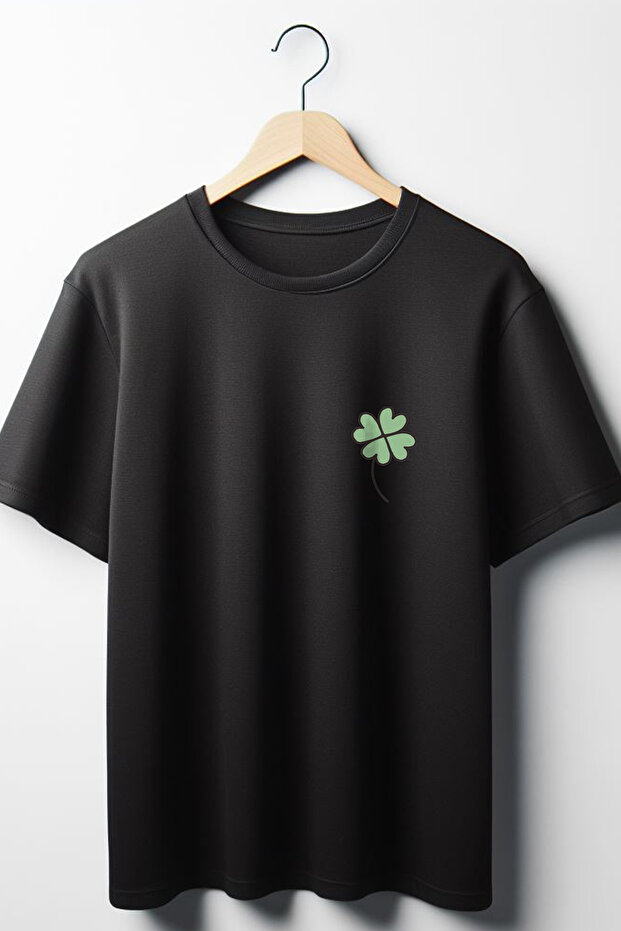 Clover Printed Oversize Wide Mold Unisex Crew Neck Black Tshirt