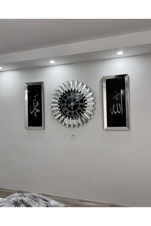 3’lü Gümüş Aynalı 65 cm Piyano Saat ve 3070 cm Allah ve Muhammed Tablo seti - 5