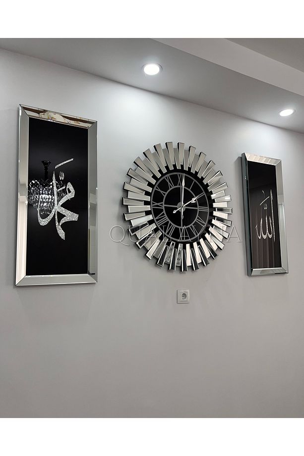 3’lü Gümüş Aynalı 65 cm Piyano Saat ve 3070 cm Allah ve Muhammed Tablo seti - 3