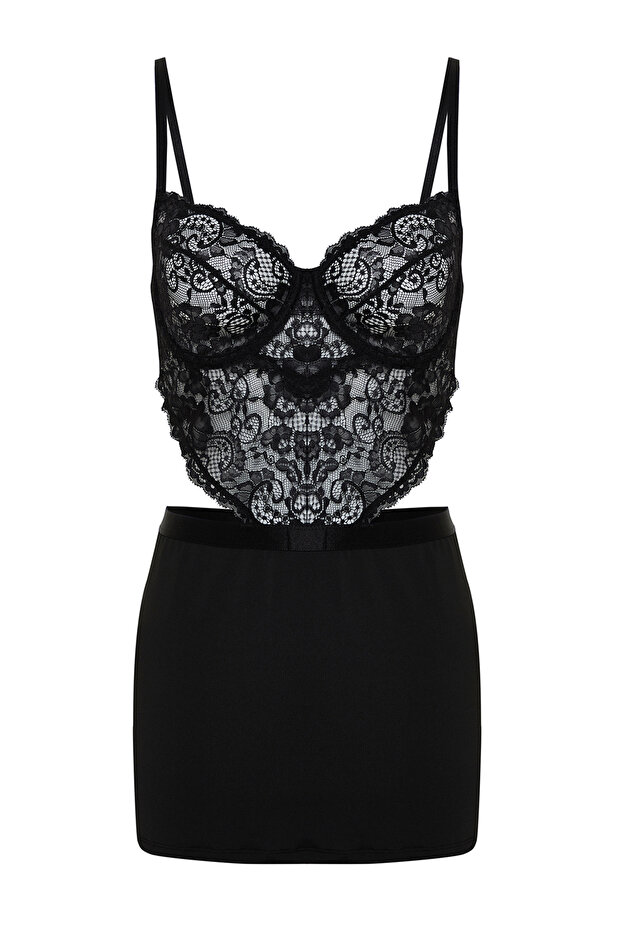 Siyah Dantelli İp Askılı Örme Babydoll/Fantezi Gecelik THMSS24CY00001 - 6