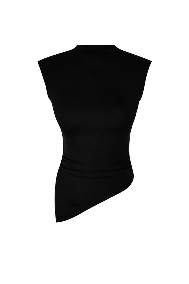 Siyah Dik Yaka Büzgü/Drape Detaylı Fitted/Vücuda Oturan Asimetrik Örme Bluz TWOSS24BZ00534 - 7