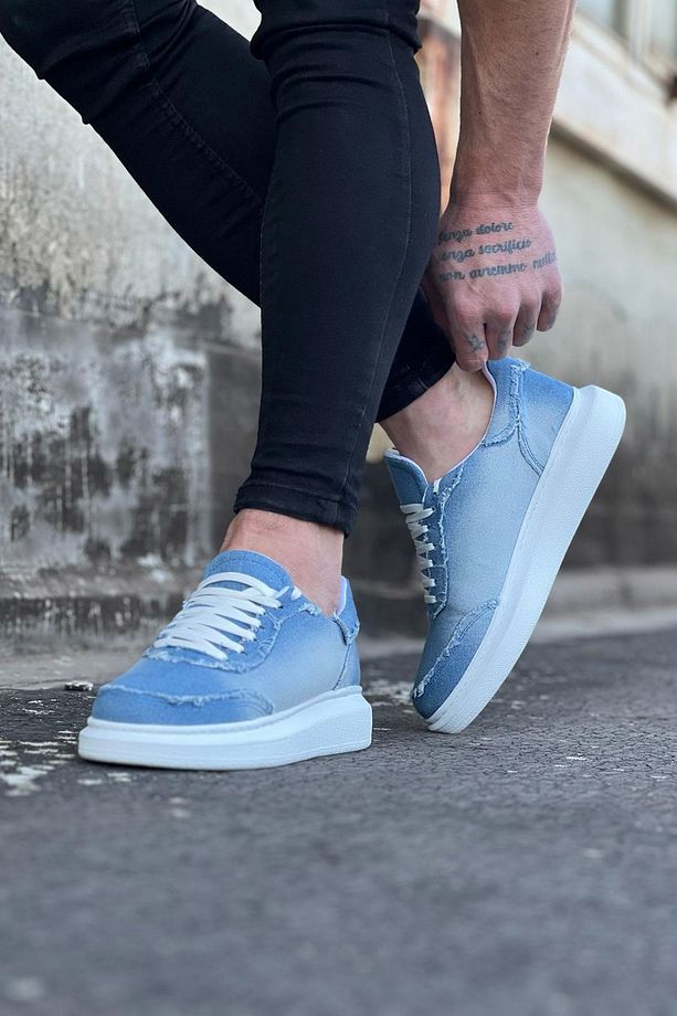 B018 BT Bağcıklı Ortopedik Taban Kot Kumaş Erkek Sneaker Ayakkabı Açık Mavi - 3