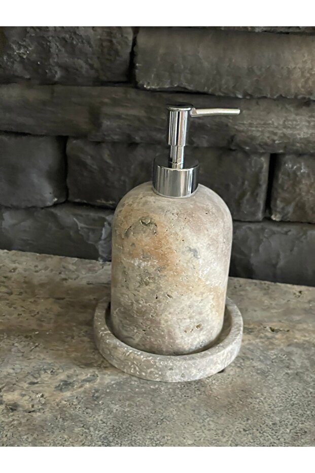 New Silver Travertine Natural Stone Liquid Soap Dispenser Set with Tray