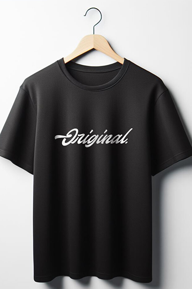 Original Text Printed Oversize Wide Mold Unisex Crew Neck Black Tshirt