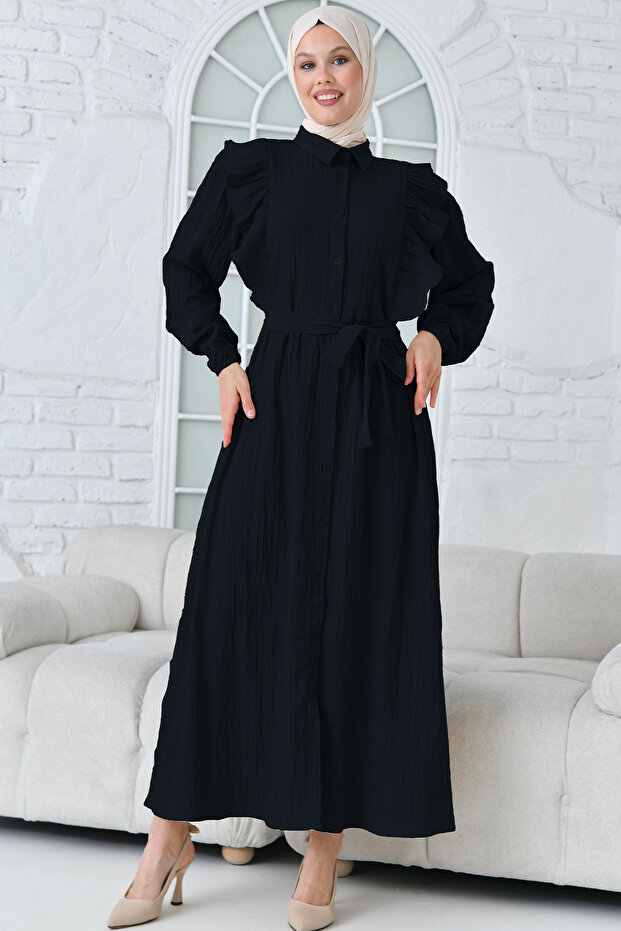 Women's Black Flounce Belted Woven Dress