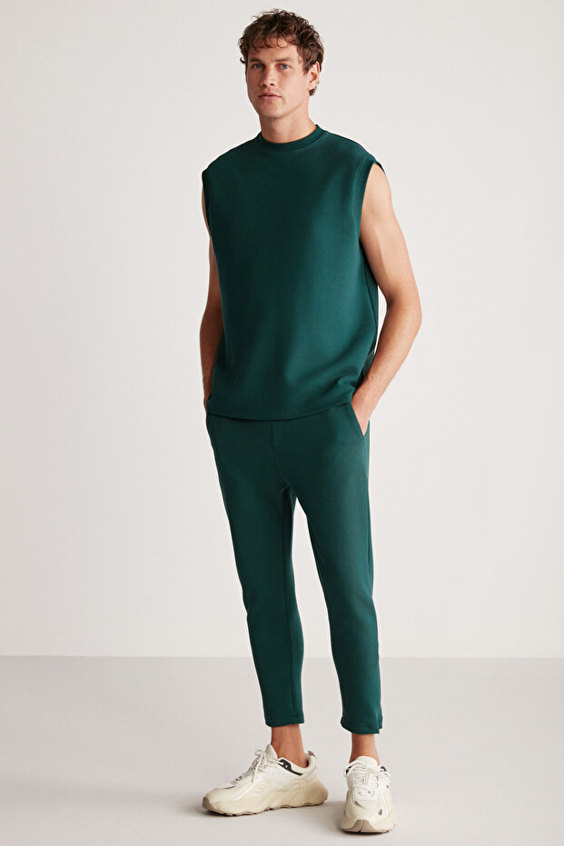 Nıcolas Men's Technical Thick Flexible Fabric Slim Fit Green Sweatpants with Zippered Legs