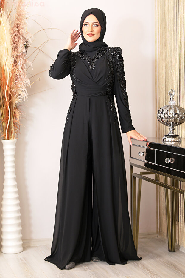 Embroidered Chiffon Sun Jumpsuit - Black