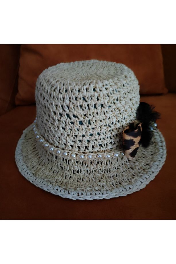 El Örgüsü Yazlıık Kağıt Ip Kurdele Leopar Desen Süslü Şapka - 4