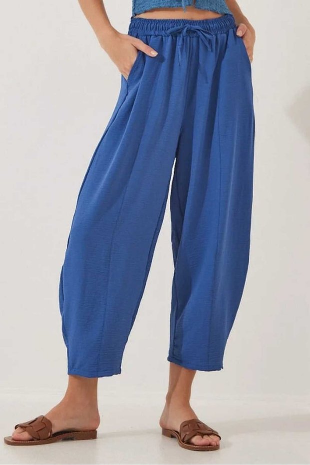Thin Summer Women's High Waist Comfortable Loose Cotton Slouchy Fit Basic Elastic Waist Ankle Length Pants