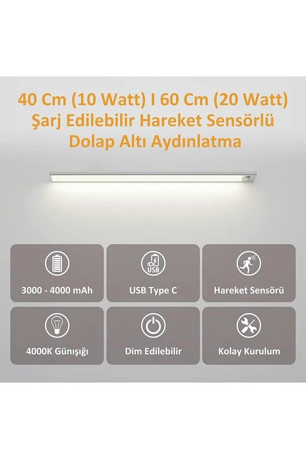 Mutfak Dolap Altı Lambası Hareket Sensörlü LED Aydınlatma, USB ile Şarj Edilebilir, Taşınabilir,40cm - 7