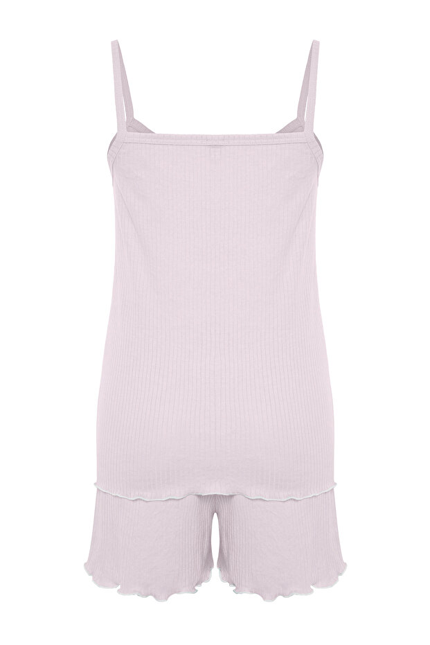 Açık Pembe Kurdele/Fiyonk Detaylı İp Askılı Fitilli Şortlu Örme Pijama Takımı THMSS24PT00356 - 8
