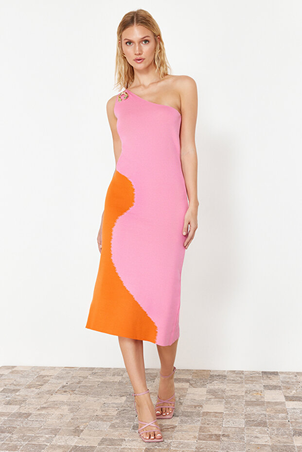 Pembe Renk Bloklu Tek Omuz Triko Elbise TWOSS24EL00462 - 2