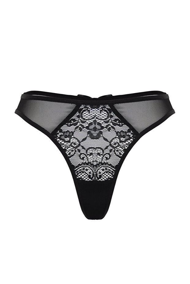 Siyah Dantelli Tül ve Fiyonk Detaylı Tanga Örme Külot THMSS24KU00037 - 8