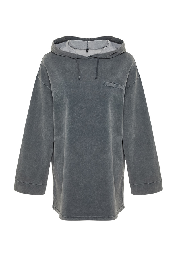 Antrasit Asit Yıkamalı Kapüşonlu Oversize Örme Sweatshirt TCTSS24TW00006 - 7
