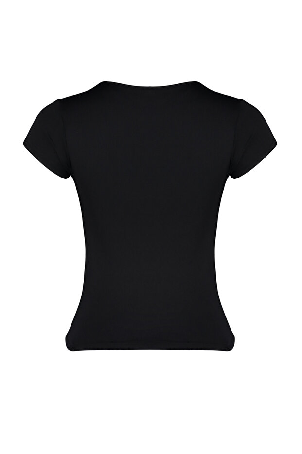 Siyah Poliamid Kısa Kol Bisiklet Yaka Fitted/Vücuda Oturan Örme T-Shirt TWOSS24TS00238 - 8
