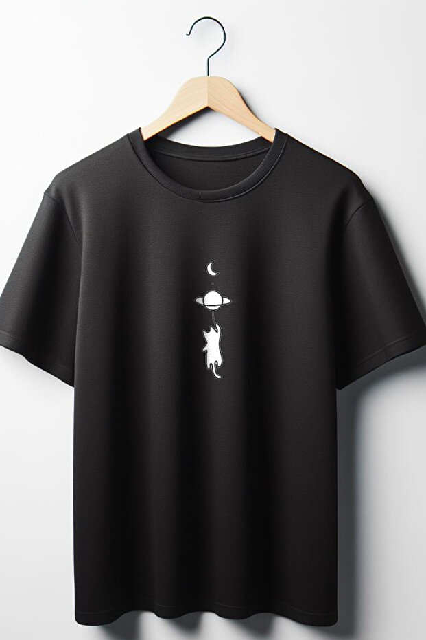 Cat Printed Oversized Loose Fit Unisex Crew Neck Black T-shirt