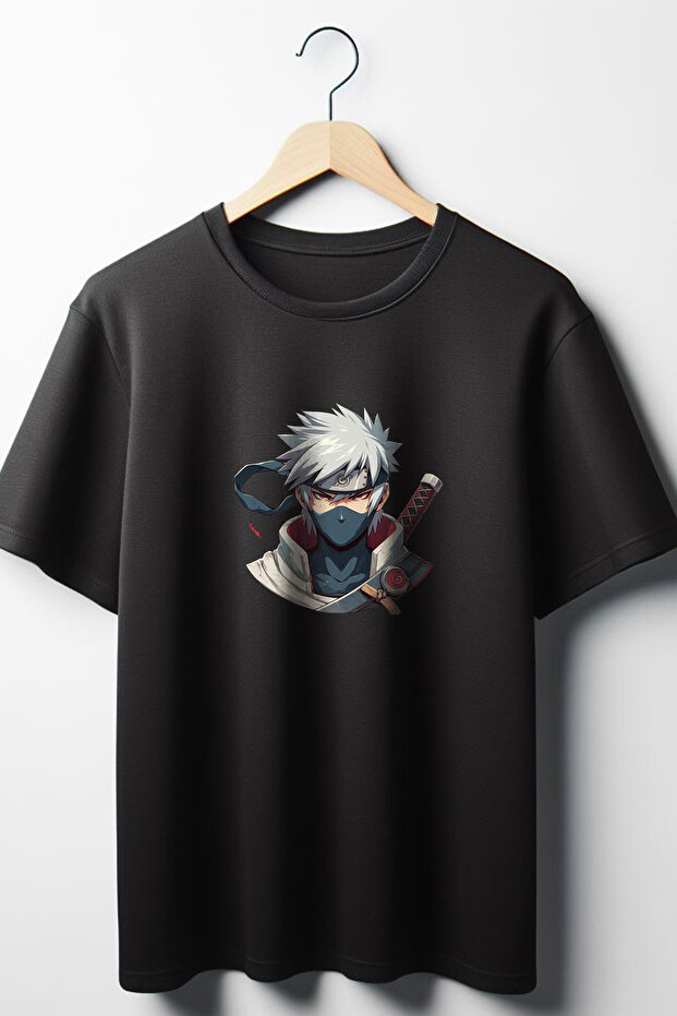 Kakashi Hatake Printed Oversize Wide Mold Unisex Crew Neck Black Tshirt