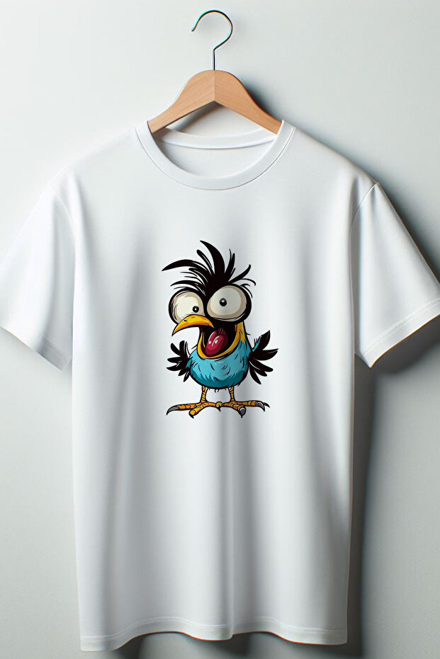 Bird Printed Oversize Wide Mold Unisex Crew Neck White Tshirt
