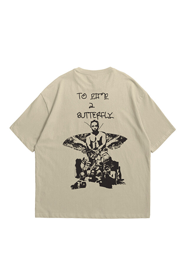 Unisex Beige Kendrick Lamar to a Butterfly Printed Oversize Crew Neck Short Sleeve T-Shirt
