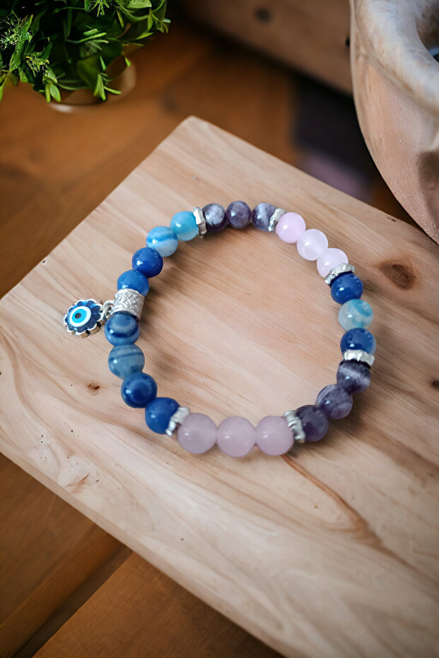 Blue Agate Stone Natural Stone Bracelet Throat Chakra Bracelet Communication Skill Bracelet