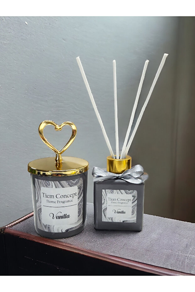 Kalp Gold Başlıklı Vanilya Kokulu Gri Bardak Mum Ve Çubuklu Oda Kokusu Seti 100 ml - 1