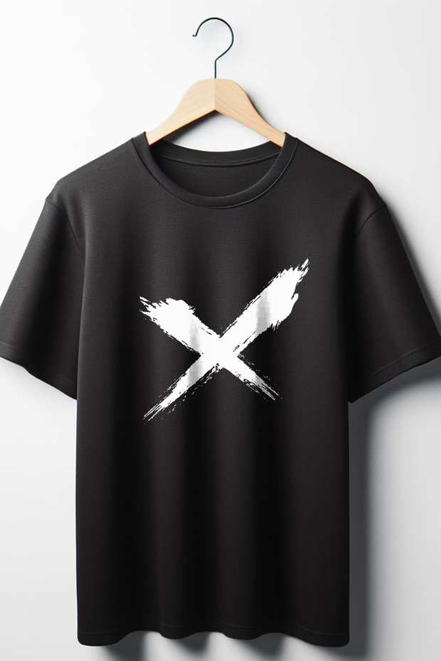 X Printed Oversize Wide Fit Unisex Crew Neck Black Tshirt