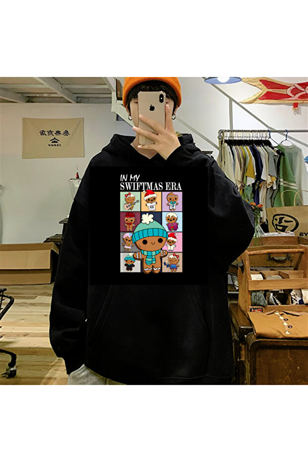 New Colletion Christmas Candy Two Printed Black Unisex Oversize Hooded Sweatshirt