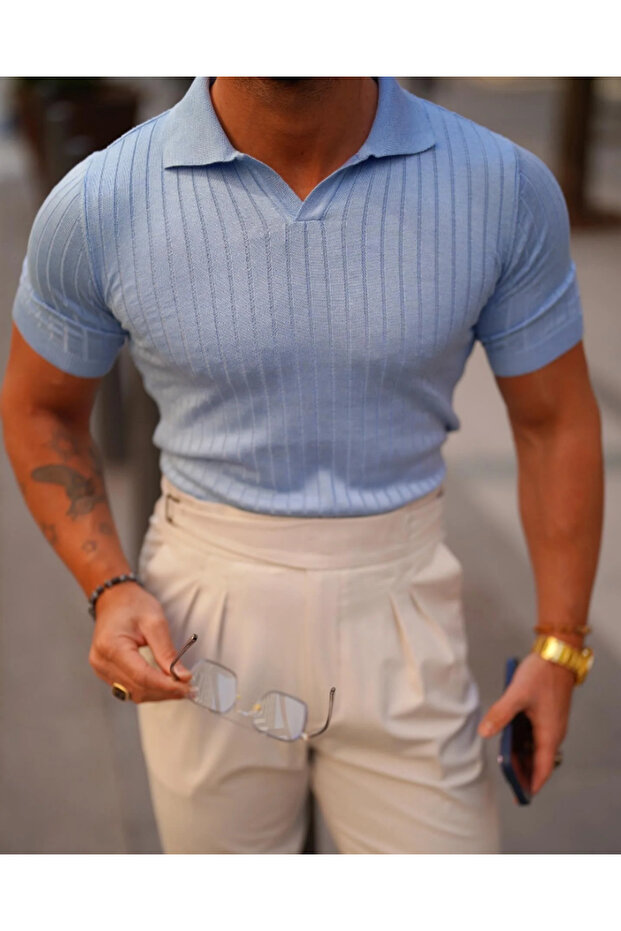 Men's Ribbed Polo Collar Knitwear T-Shirt