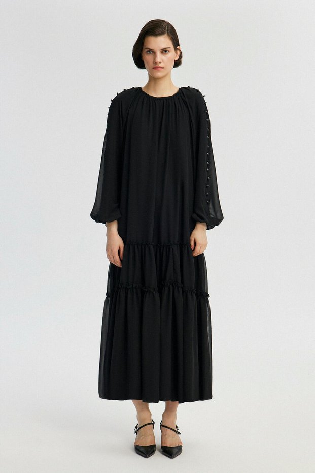Pearl Button Detailed Chiffon Dress