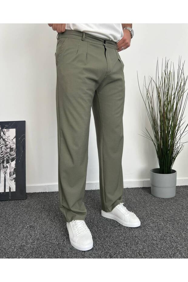 Men's Khaki Green Baggy Fit Fabric Trousers