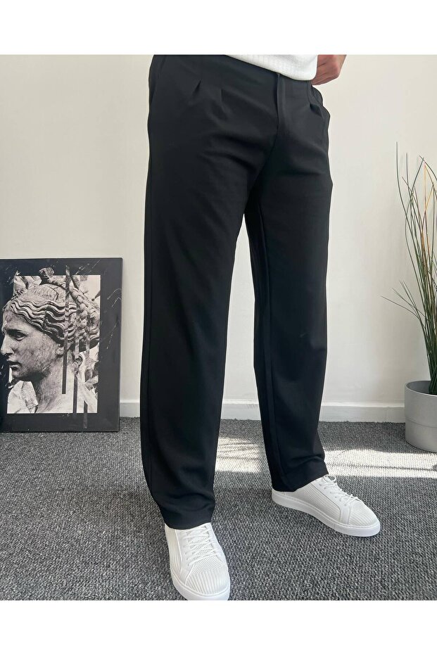 Men's Black Baggy Fit Fabric Pants