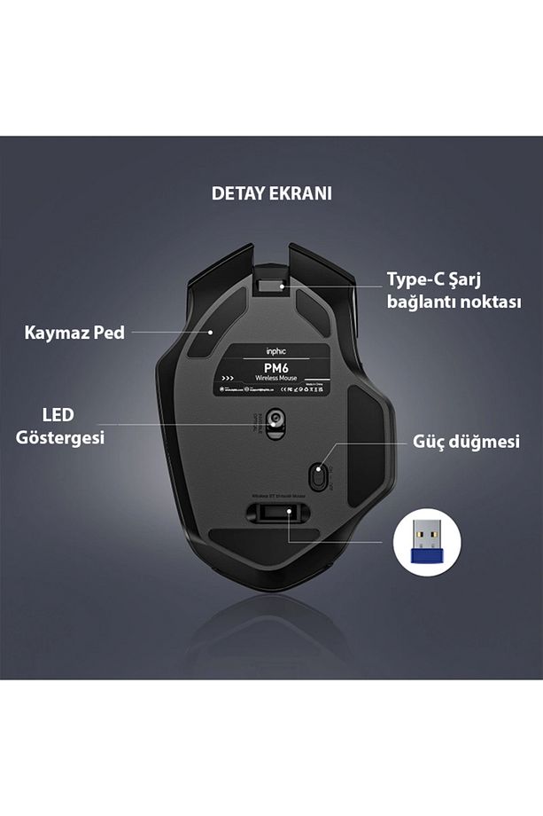 İNPHİC F1 Kablosuz Fare, Şarj Edilebilir Sessiz Kullanım 2.4G 500 mAh USB Mouse SİYAH - 4
