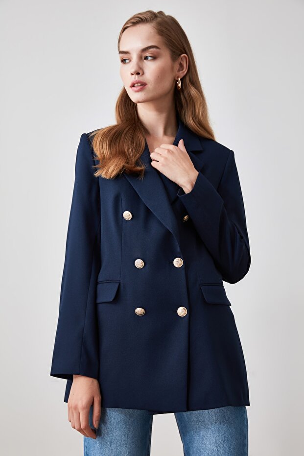 Lacivert Oversize Astarlı Kruvaze Kapama Dokuma Blazer Ceket TWOSS20CE0024 - 2