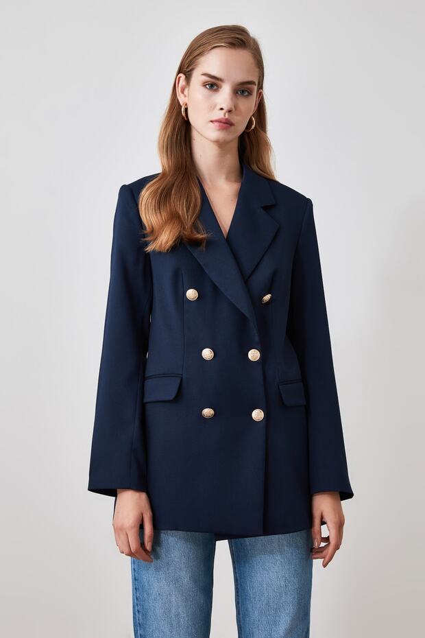 Lacivert Oversize Astarlı Kruvaze Kapama Dokuma Blazer Ceket TWOSS20CE0024 - 3
