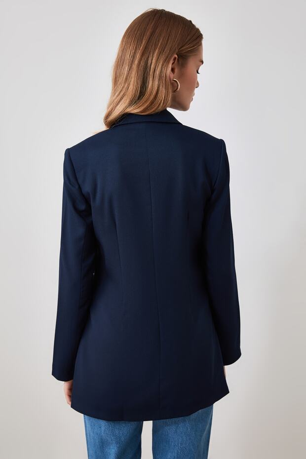 Lacivert Oversize Astarlı Kruvaze Kapama Dokuma Blazer Ceket TWOSS20CE0024 - 5