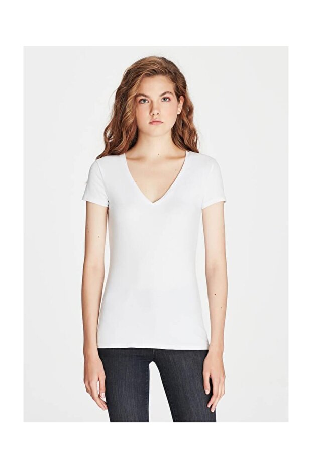 Kadın Beyaz V Yaka T-shirt - 2