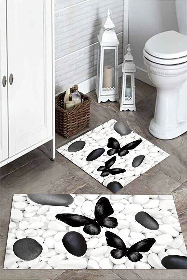 Black Butterfly and Stone 2-Piece Bath Mat Set Mktpp-2058 60x100/50x61