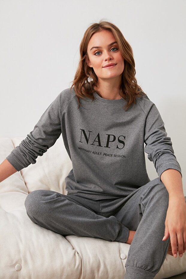 Antracytowy zestaw T-shirt-Jogger z napisem i piżamą z dzianiny THMAW21PT0497 - 6