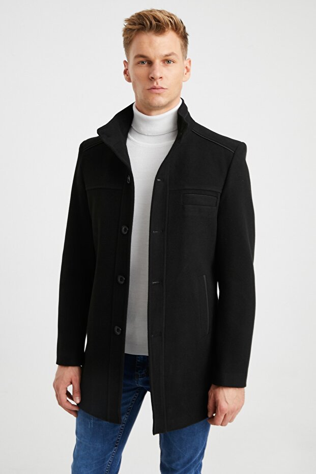Men's Black Quilted Lined Wool Blended Cashmere Coat