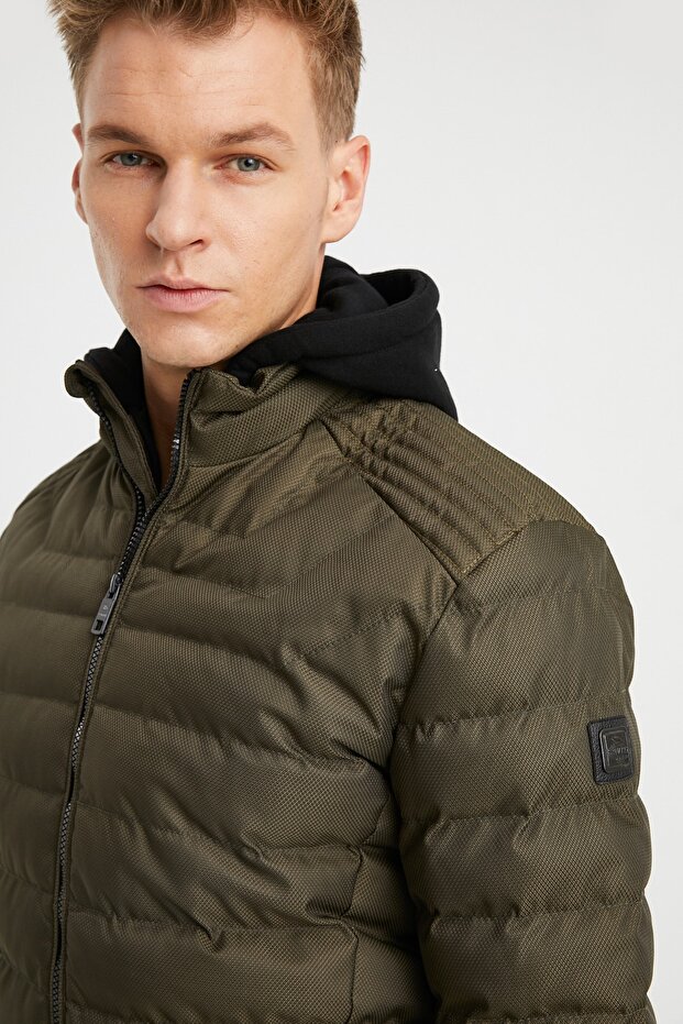 Men's Khaki Hooded Puffer Coat - 3