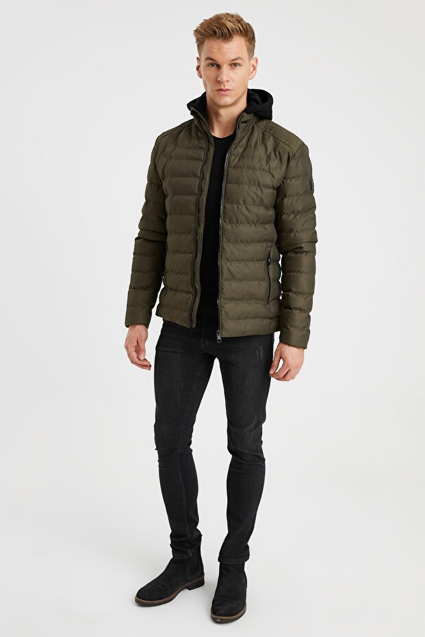 Men's Khaki Hooded Puffer Coat - 5