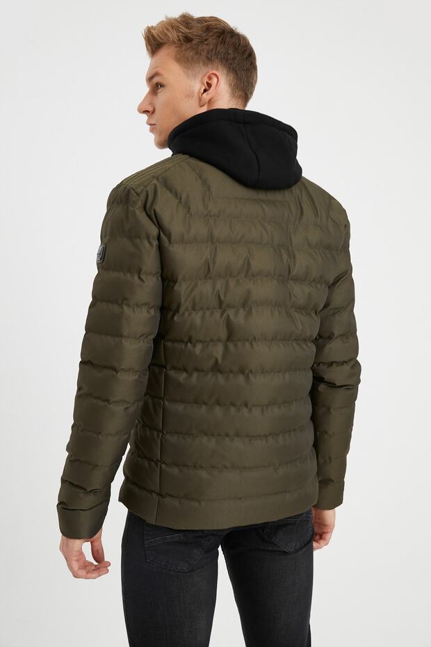 Men's Khaki Hooded Puffer Coat - 6