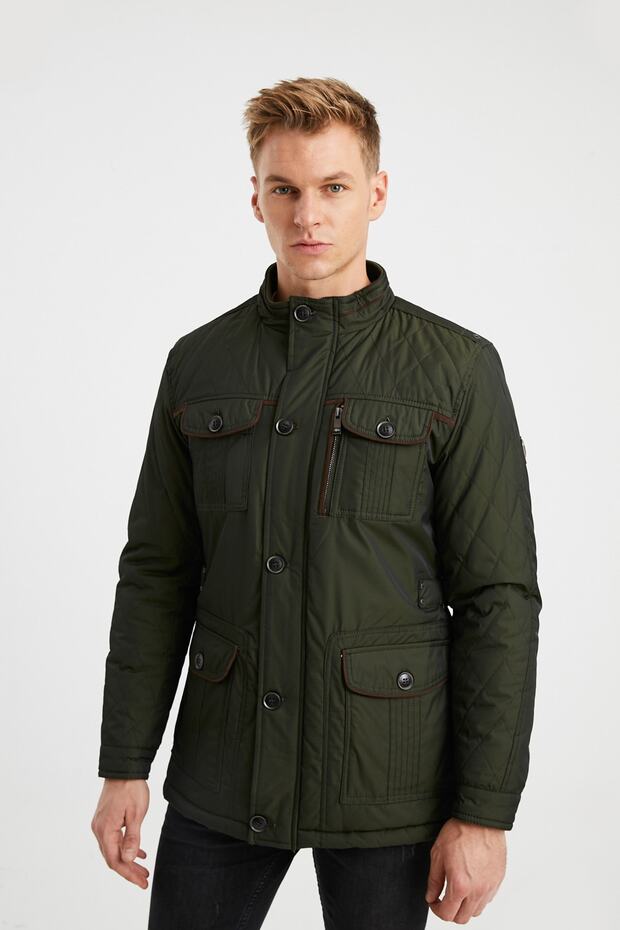 Vízálló bevonatú, férfi khaki műszőrmével bélelt vastagkabát - 1