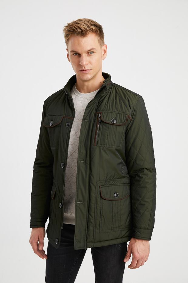 Vízálló bevonatú, férfi khaki műszőrmével bélelt vastagkabát - 2