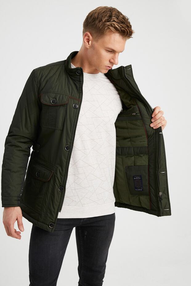 Vízálló bevonatú, férfi khaki műszőrmével bélelt vastagkabát - 3