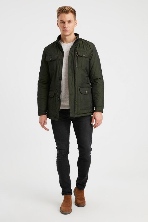 Vízálló bevonatú, férfi khaki műszőrmével bélelt vastagkabát - 5