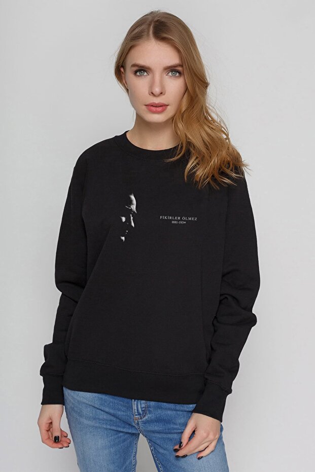Atatürk Ideas Never Die Printed Black Women's Knitted Sweashirt Long Sleeve