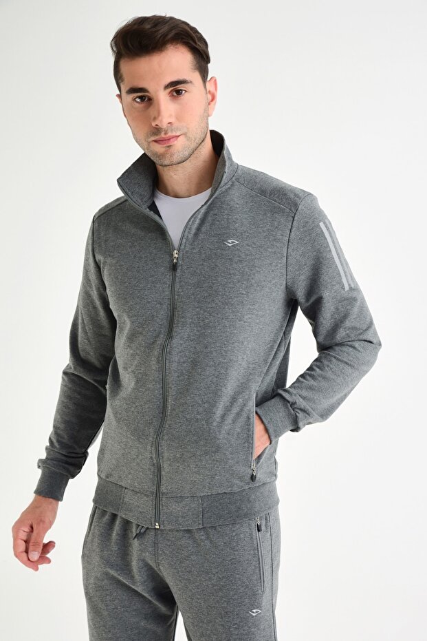 Men's Anthracite Tracksuit Top with Stand Collar and Zipper Pocket