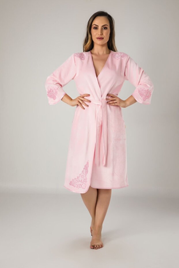 Women's Pink Kimono Embroidered Cotton Bathrobe
