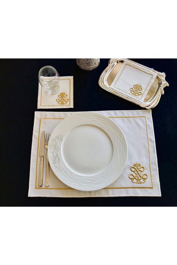 Gold Glitter 3D Embroidered Embossed 12 Piece Placemat And Cocktail Napkin Gold